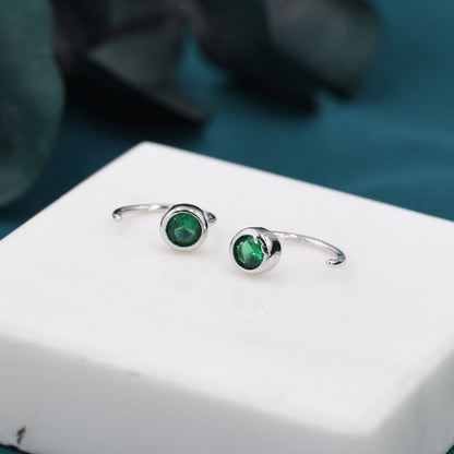 Emerald Green 4mm CZ Huggie Hoop Earrings in Sterling Silver, Tiny CZ Open Hoops, Pull Through Threaders, Half Hoops, C Shape