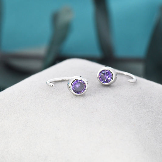 Amethyst Purple 4mm CZ Huggie Hoop Earrings in Sterling Silver, Tiny CZ Open Hoops, Pull Through Threaders, Half Hoops, C Shape