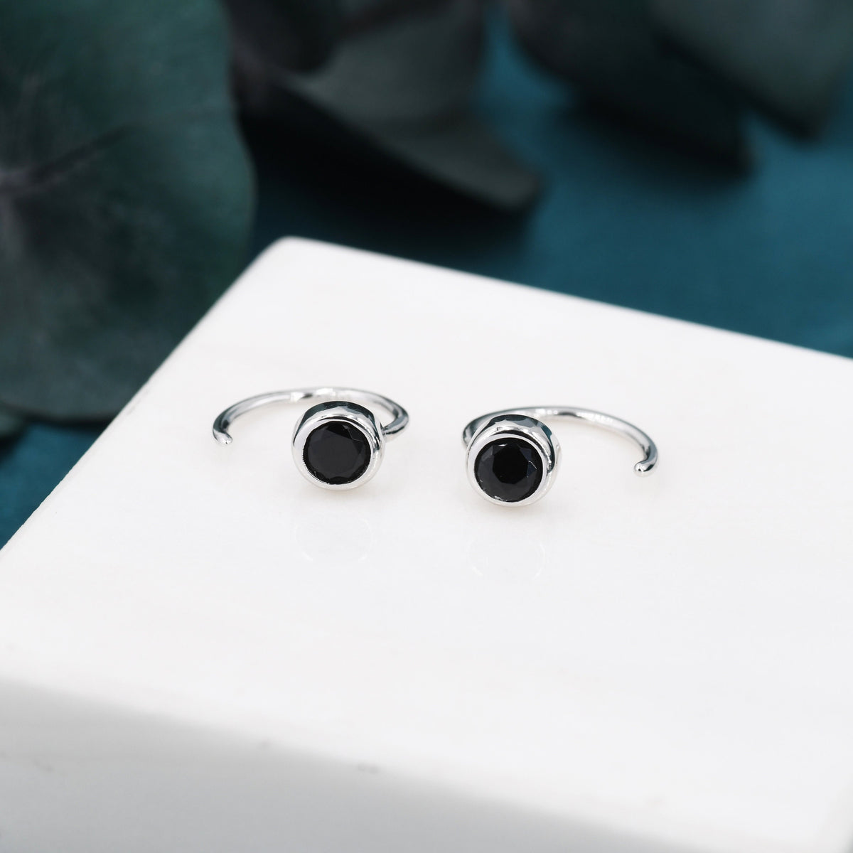 Black 4mm CZ Huggie Hoop Earrings in Sterling Silver, Tiny CZ Open Hoops, Pull Through Threaders, Half Hoops, C Shape