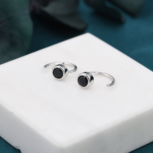 Black 4mm CZ Huggie Hoop Earrings in Sterling Silver, Tiny CZ Open Hoops, Pull Through Threaders, Half Hoops, C Shape