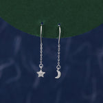 Asymmetric Star and Moon CZ Drop Earrings in Sterling Silver, Delicate Star and Moon Threader Earrings, Dainty Open Star Dangle Earrings