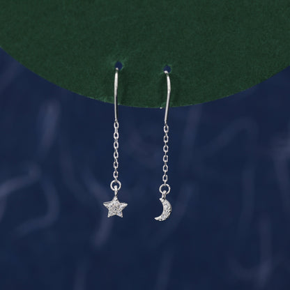 Asymmetric Star and Moon CZ Drop Earrings in Sterling Silver, Delicate Star and Moon Threader Earrings, Dainty Open Star Dangle Earrings