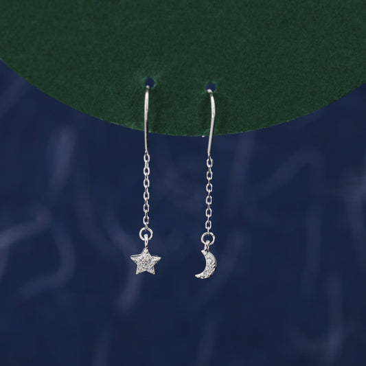 Asymmetric Star and Moon CZ Drop Earrings in Sterling Silver, Delicate Star and Moon Threader Earrings, Dainty Open Star Dangle Earrings