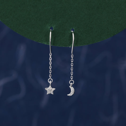 Asymmetric Star and Moon CZ Drop Earrings in Sterling Silver,  Delicate Star and Moon Threader Earrings, Dainty Open Star Dangle Earrings