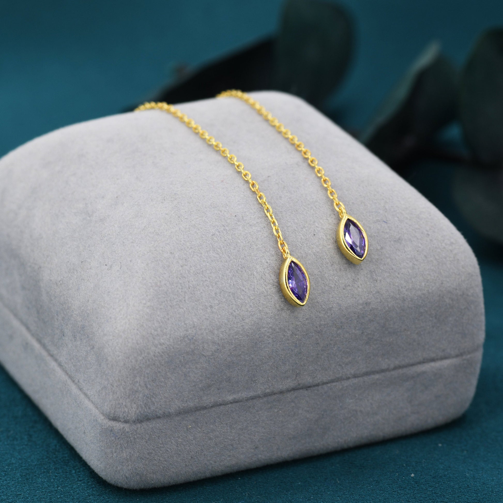 Tiny Purple Marquise CZ Threader Earrings in Sterling Silver, Silver or Gold, Marquise Cut CZ Ear Threaders, Sparkly Threaders