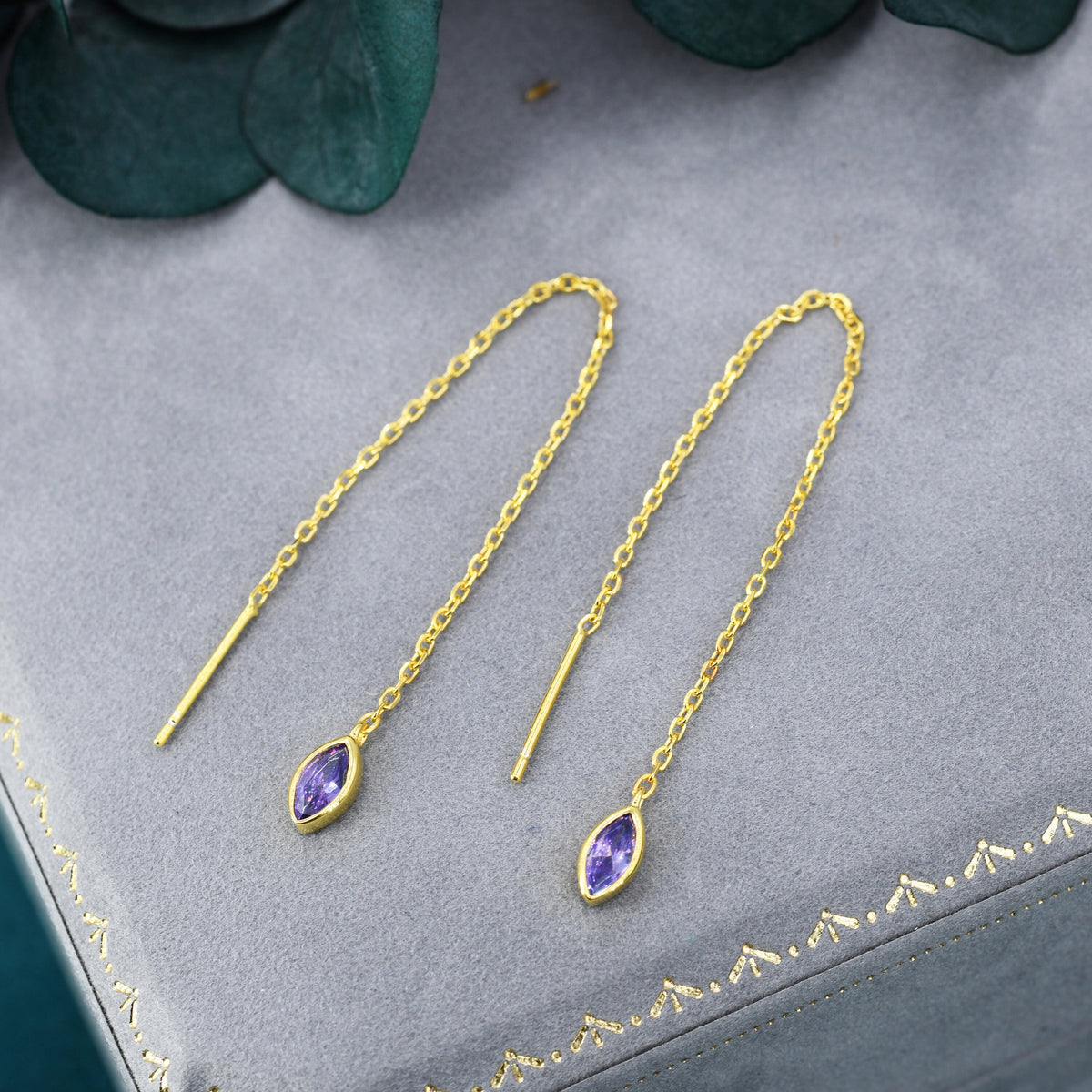Tiny Purple Marquise CZ Threader Earrings in Sterling Silver, Silver or Gold, Marquise Cut CZ Ear Threaders, Sparkly Threaders