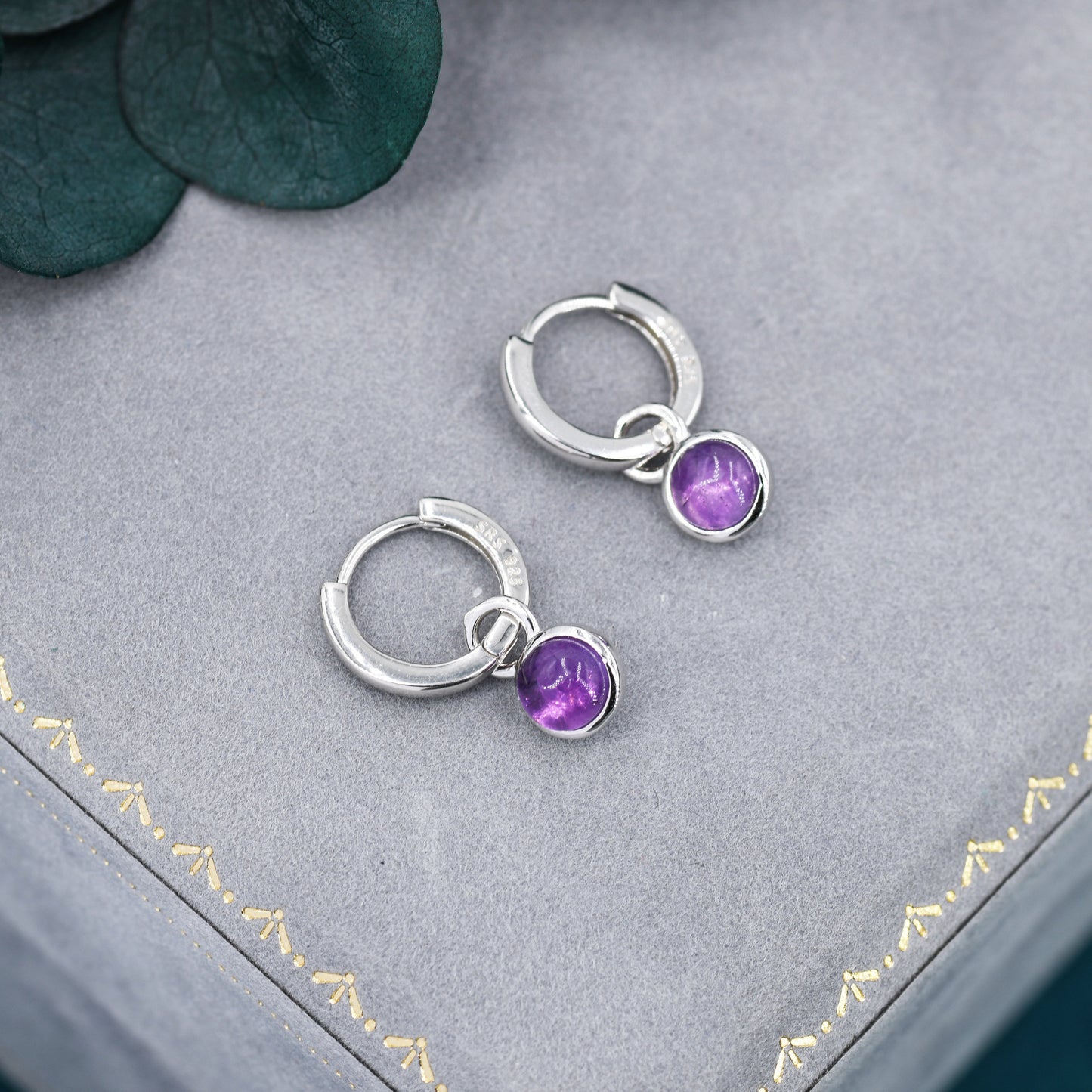 Genuine Amethyst Hoop Earrings in Sterling Silver, Detachable Natural Amethyst Coin Dangle Hoop Earrings, Interchangeable