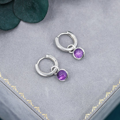 Genuine Amethyst Hoop Earrings in Sterling Silver, Detachable Natural Amethyst Coin Dangle Hoop Earrings, Interchangeable