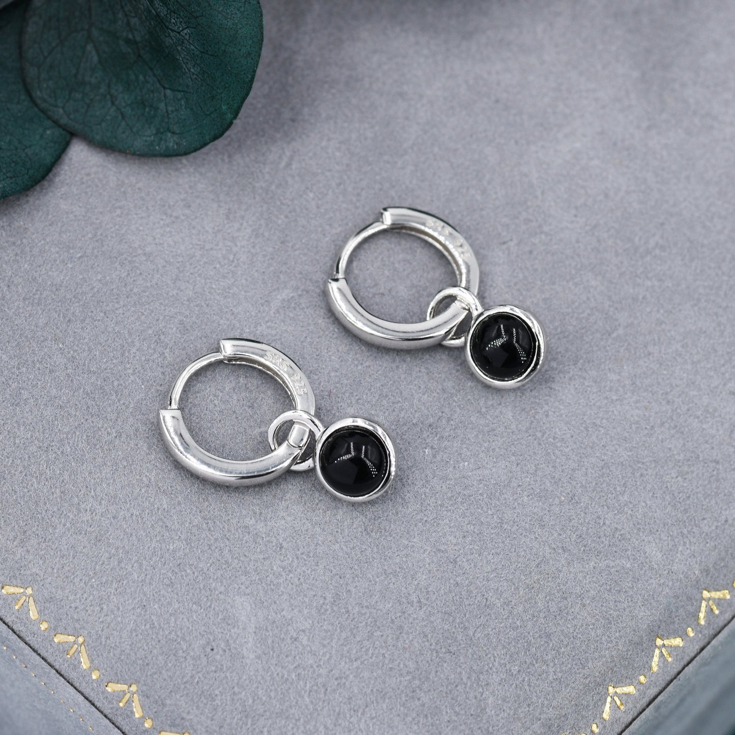 Sterling Silver Dangling Black Onyx Hoop Earrings, Detachable Black Onyx Coin Dangle Hoop Earrings, Silver or Gold, Interchangeable