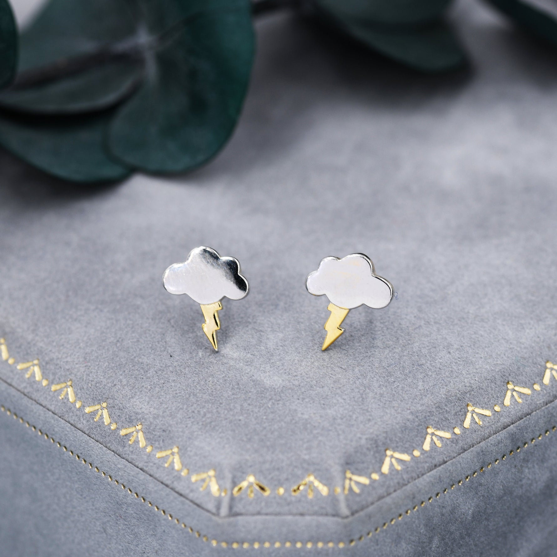 Dainty Little Cloud and Lightning Bolt Stud Earrings in Sterling Silver - Two Tone Gold and Silver Earrings - Fun, Whimsical
