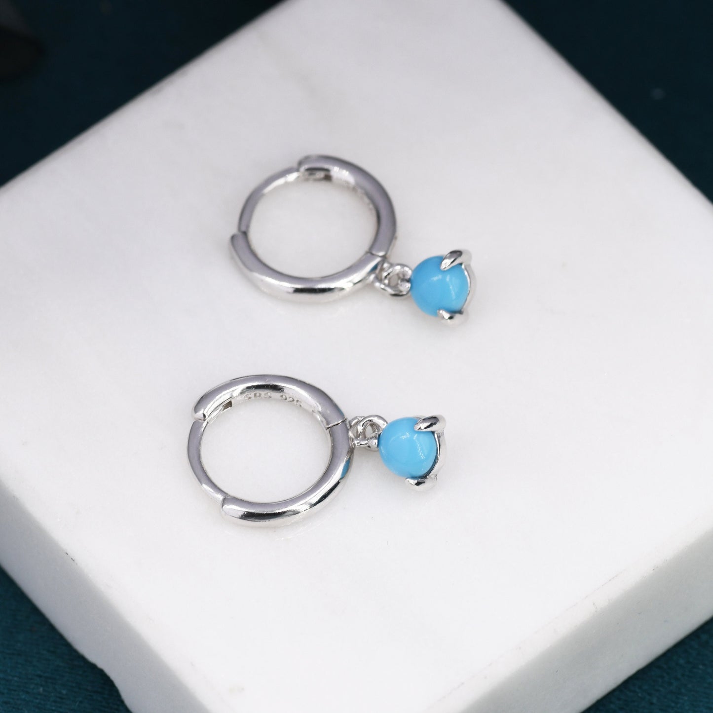 Sterling Silver 4mm Blue Turquoise Hoop Earrings, Turquoise Coin Dangle Hoop Earrings, Silver or Gold