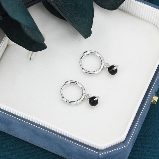 Sterling Silver 4mm Black Onyx Hoop Earrings, Natural Black Onyx Dangle Hoop Earrings, Silver or Gold