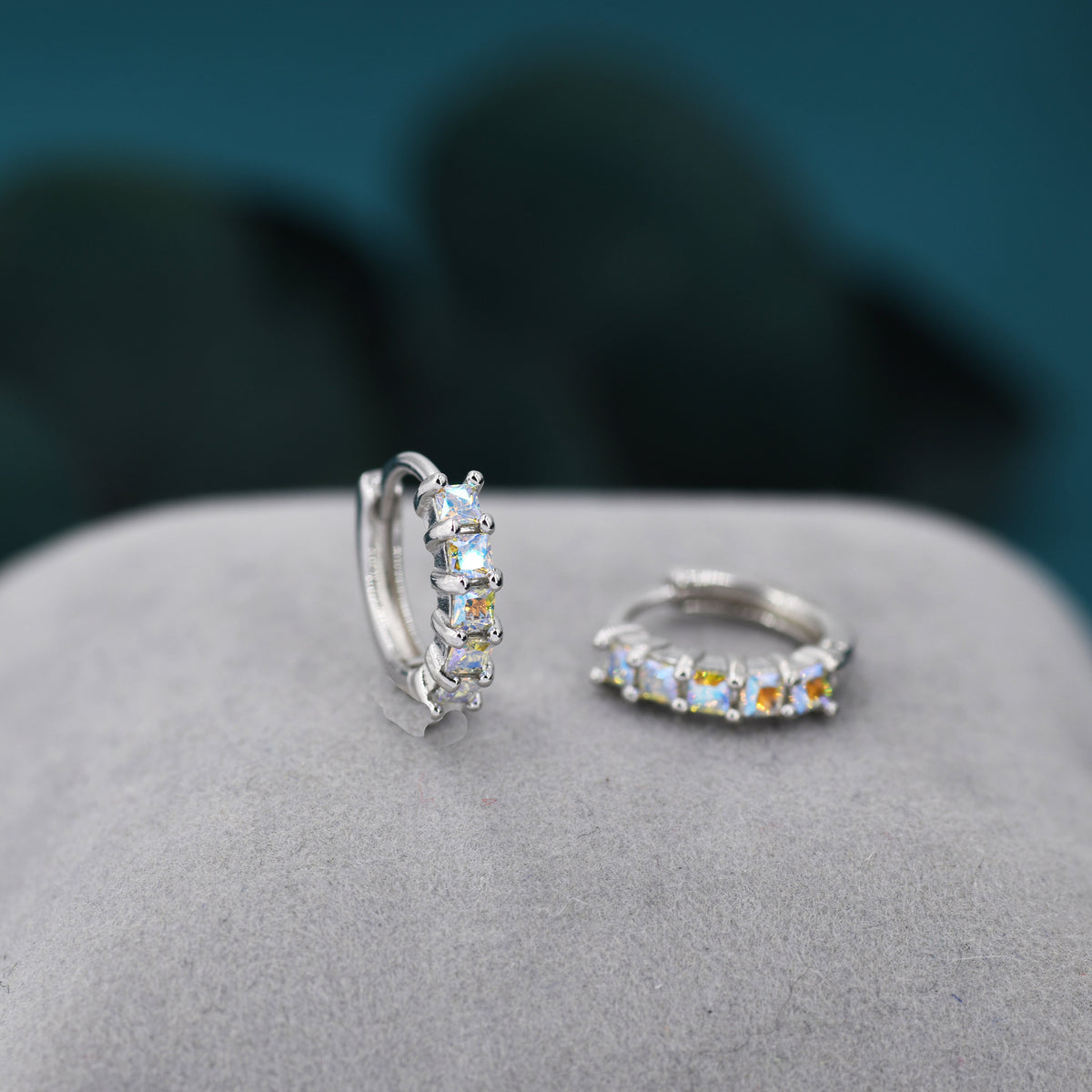 Aurora CZ Huggie Hoops in Sterling Silver, 8mm Mystic Colour AB Crystals Hoops, Silver or Gold, Dainty Lab Moonstone Hoops Earrings