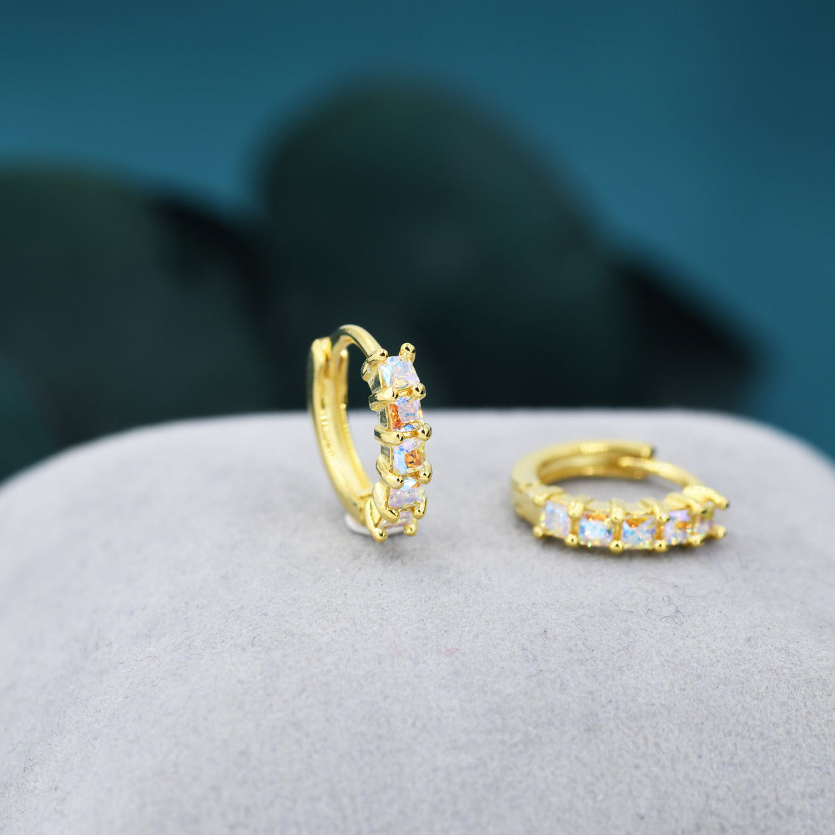 Aurora CZ Huggie Hoops in Sterling Silver, 8mm Mystic Colour AB Crystals Hoops, Silver or Gold, Dainty Lab Moonstone Hoops Earrings