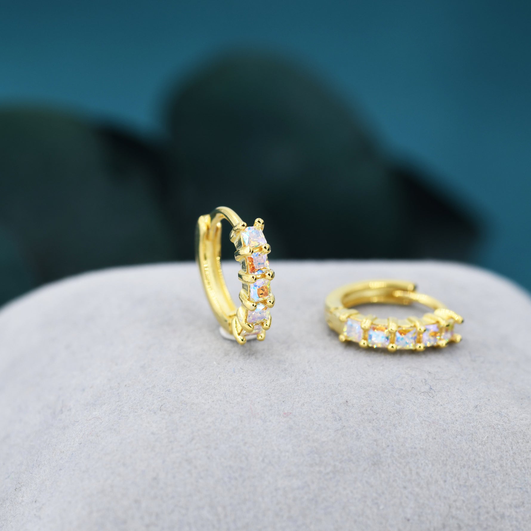 Aurora CZ Huggie Hoops in Sterling Silver, 8mm Mystic Colour AB Crystals Hoops, Silver or Gold, Dainty Lab Moonstone Hoops Earrings