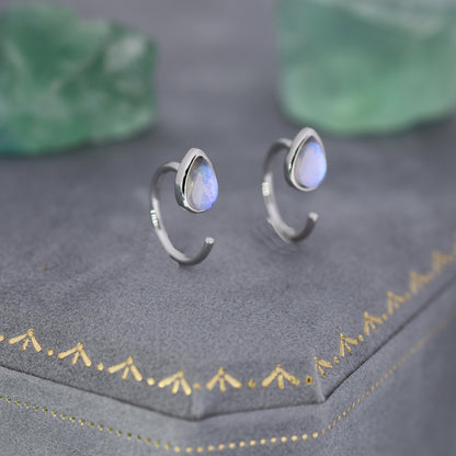 Moonstone Droplet Huggie Hoop Earrings in Sterling Silver, Silver or Gold, Tiny Moonstone Open Hoops, Pull Through Threaders, Half Hoops