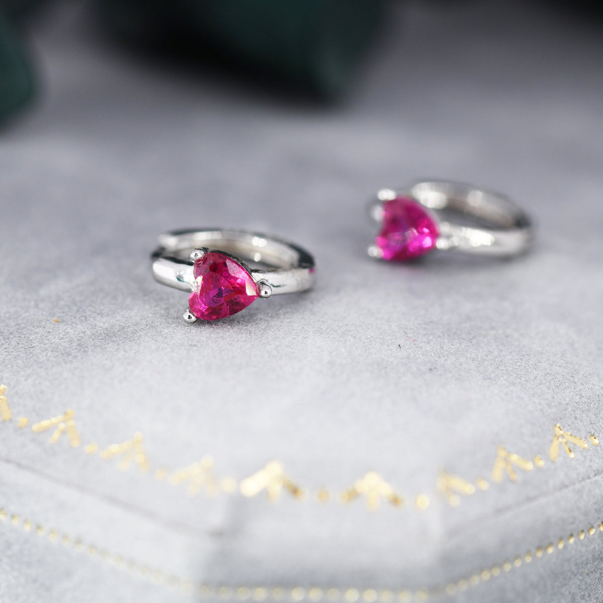 Ruby Red Heart CZ Huggie Hoop in Sterling Silver, Silver or Gold, 8mm Inner Diameter, Stacking Earrings