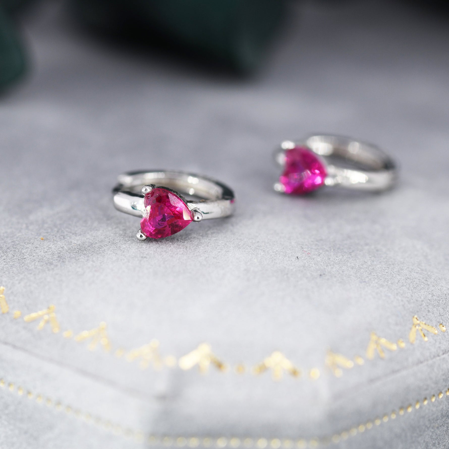 Ruby Red Heart CZ Huggie Hoop in Sterling Silver, Silver or Gold, 8mm Inner Diameter, Stacking Earrings