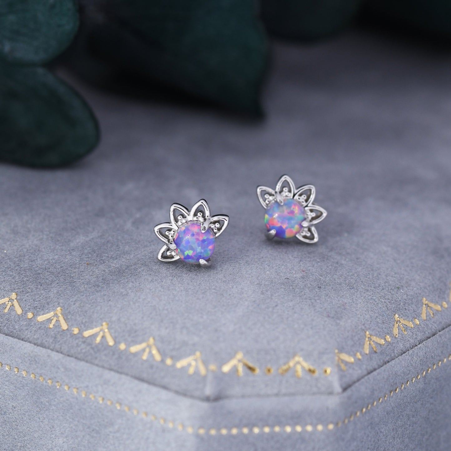 Sterling Silver Purple Opal Crown Stud Earrings, Prong Set, Opal Earrings, Lab Opal Lotus Earrings, Minimalist