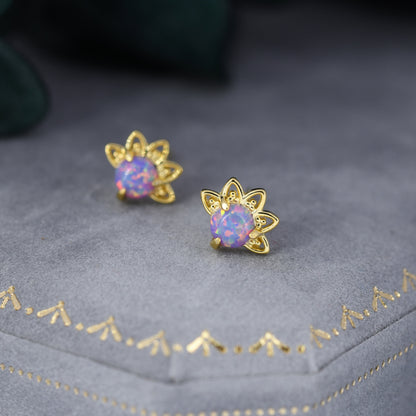 Sterling Silver Purple Opal Crown Stud Earrings, Prong Set, Opal Earrings, Lab Opal Lotus Earrings, Minimalist