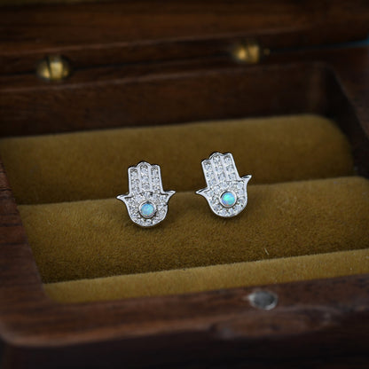 Sterling Silver Blue Opal Hamsa Hand Stud Earrings, Gold and Silver, Cute and Quirky Jewellery