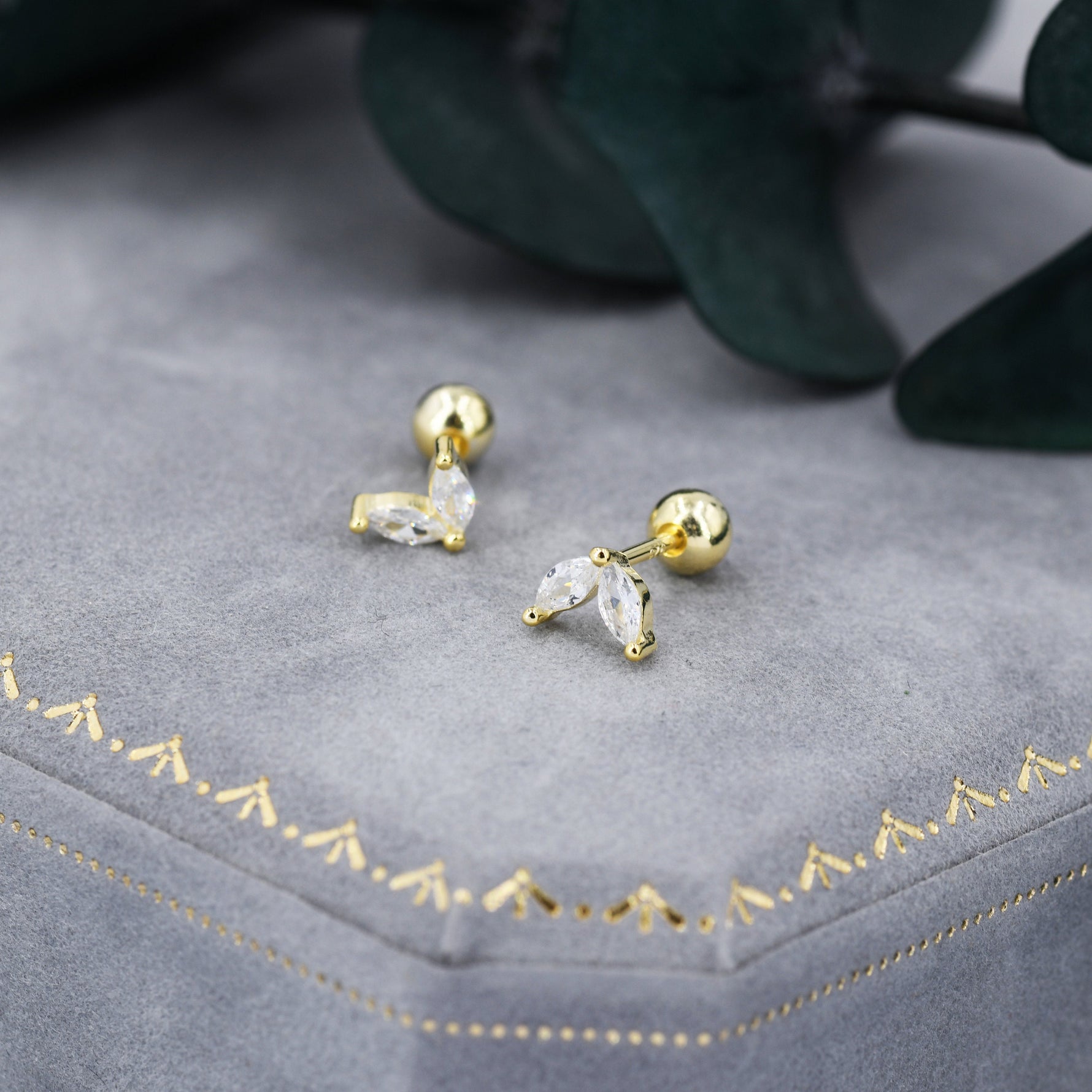 Sterling Silver CZ Marquise Leaf Screwback Earrings, Gold or Silver, Marquise Fan Screw back Earrings, Two Marquise Barbell Earrings