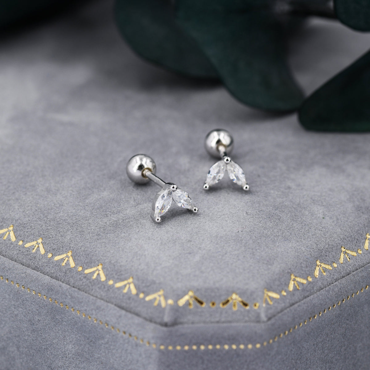 Sterling Silver CZ Marquise Leaf Screwback Earrings, Gold or Silver, Marquise Fan Screw back Earrings, Two Marquise Barbell Earrings