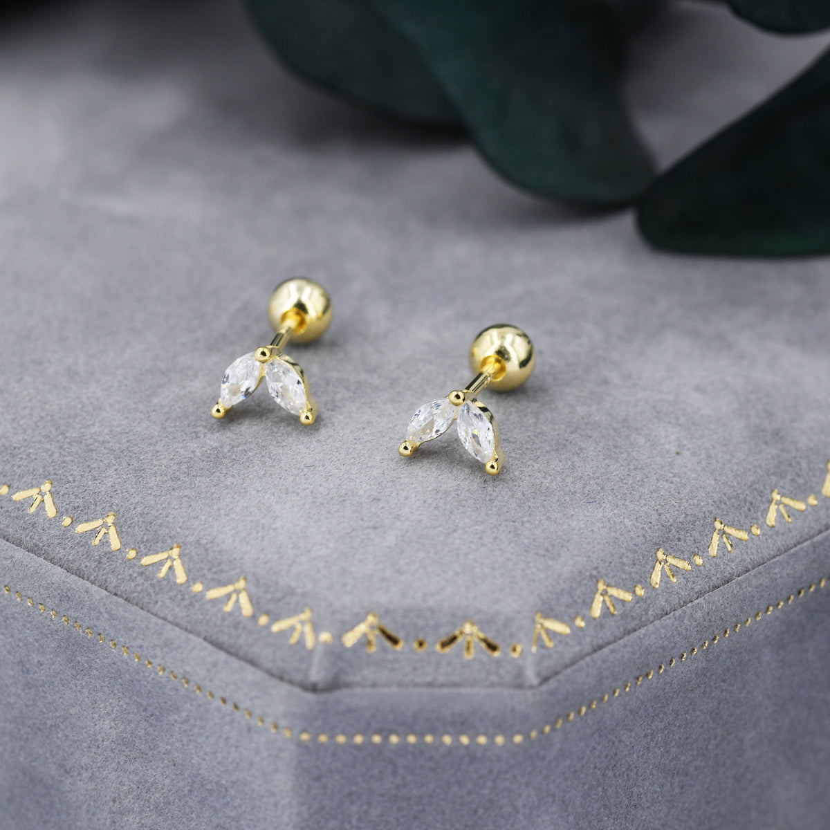 Sterling Silver CZ Marquise Leaf Screwback Earrings, Gold or Silver, Marquise Fan Screw back Earrings, Two Marquise Barbell Earrings
