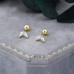 Sterling Silver CZ Marquise Leaf Screwback Earrings, Gold or Silver, Marquise Fan Screw back Earrings, Two Marquise Barbell Earrings