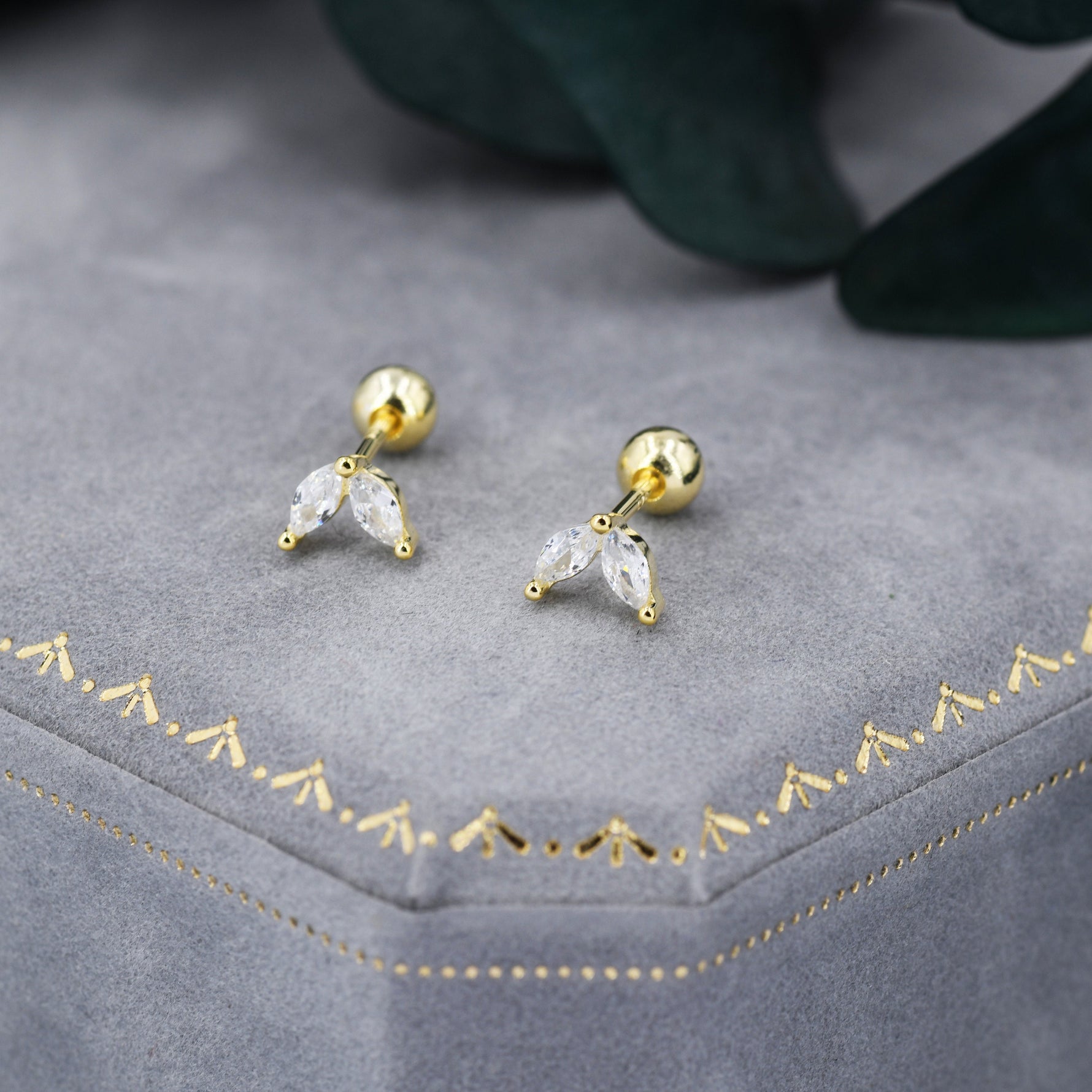 Sterling Silver CZ Marquise Leaf Screwback Earrings, Gold or Silver, Marquise Fan Screw back Earrings, Two Marquise Barbell Earrings