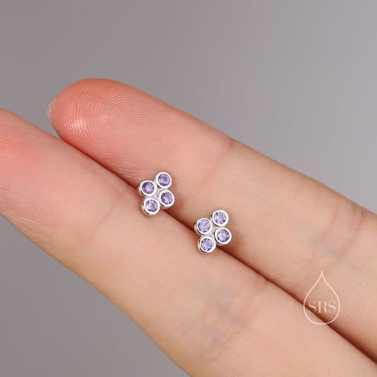 CZ Bubble Cluster Stud Earrings in Sterling Silver, Silver or Gold, Available in Blue, Purple, Black, Green and Clear CZs, Four CZ Stud