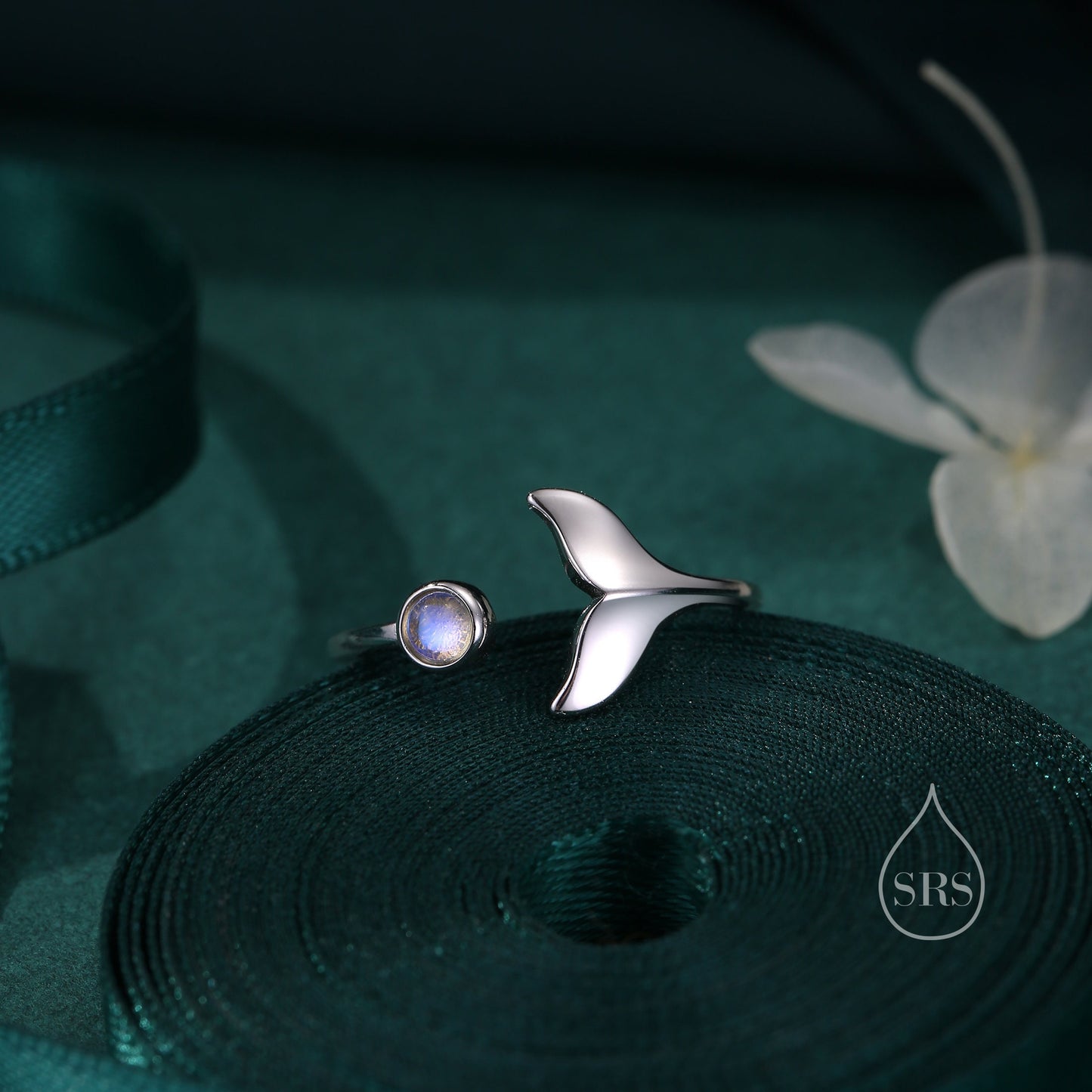 Whale Tail Open Ring in Sterling Silver with Moonstone, Adjustable, Whale Ring, Fish Ring, Ocean Inspired, Nature Jewellery, Animal Ring