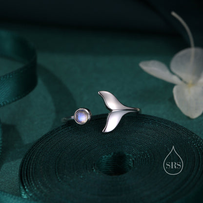 Whale Tail Open Ring in Sterling Silver with Moonstone, Adjustable, Whale Ring, Fish Ring, Ocean Inspired, Nature Jewellery, Animal Ring