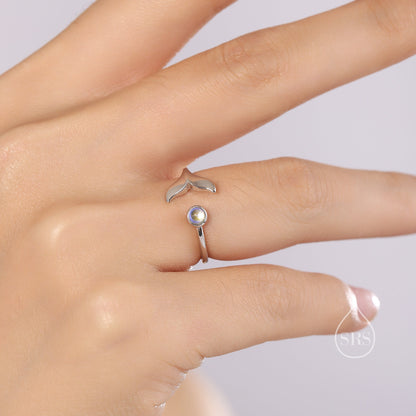 Whale Tail Open Ring in Sterling Silver with Moonstone, Adjustable, Whale Ring, Fish Ring, Ocean Inspired, Nature Jewellery, Animal Ring