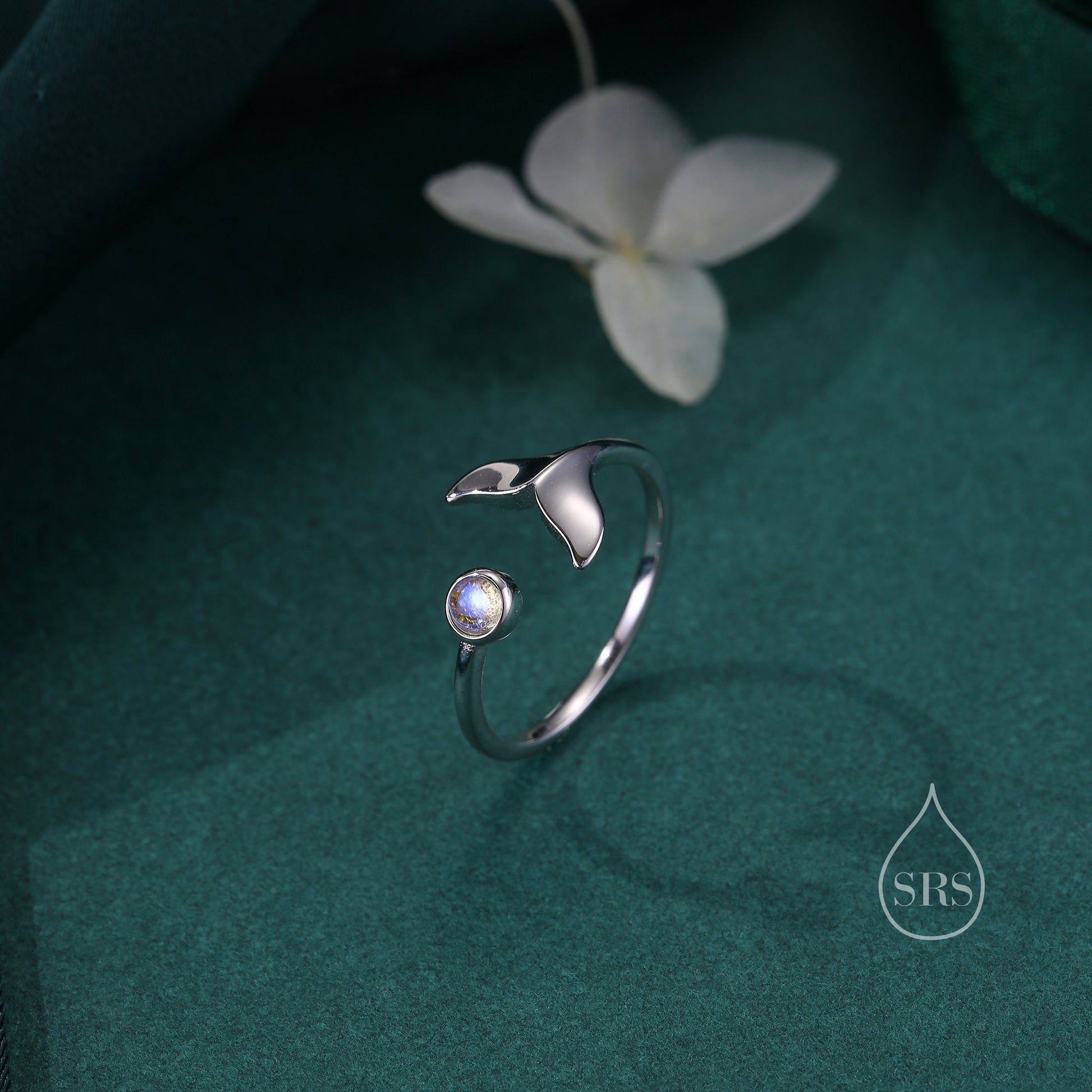 Whale Tail Open Ring in Sterling Silver with Moonstone, Adjustable, Whale Ring, Fish Ring, Ocean Inspired, Nature Jewellery, Animal Ring