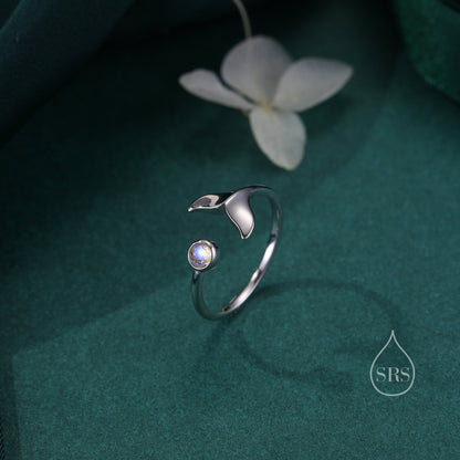 Whale Tail Open Ring in Sterling Silver with Moonstone, Adjustable, Whale Ring, Fish Ring, Ocean Inspired, Nature Jewellery, Animal Ring