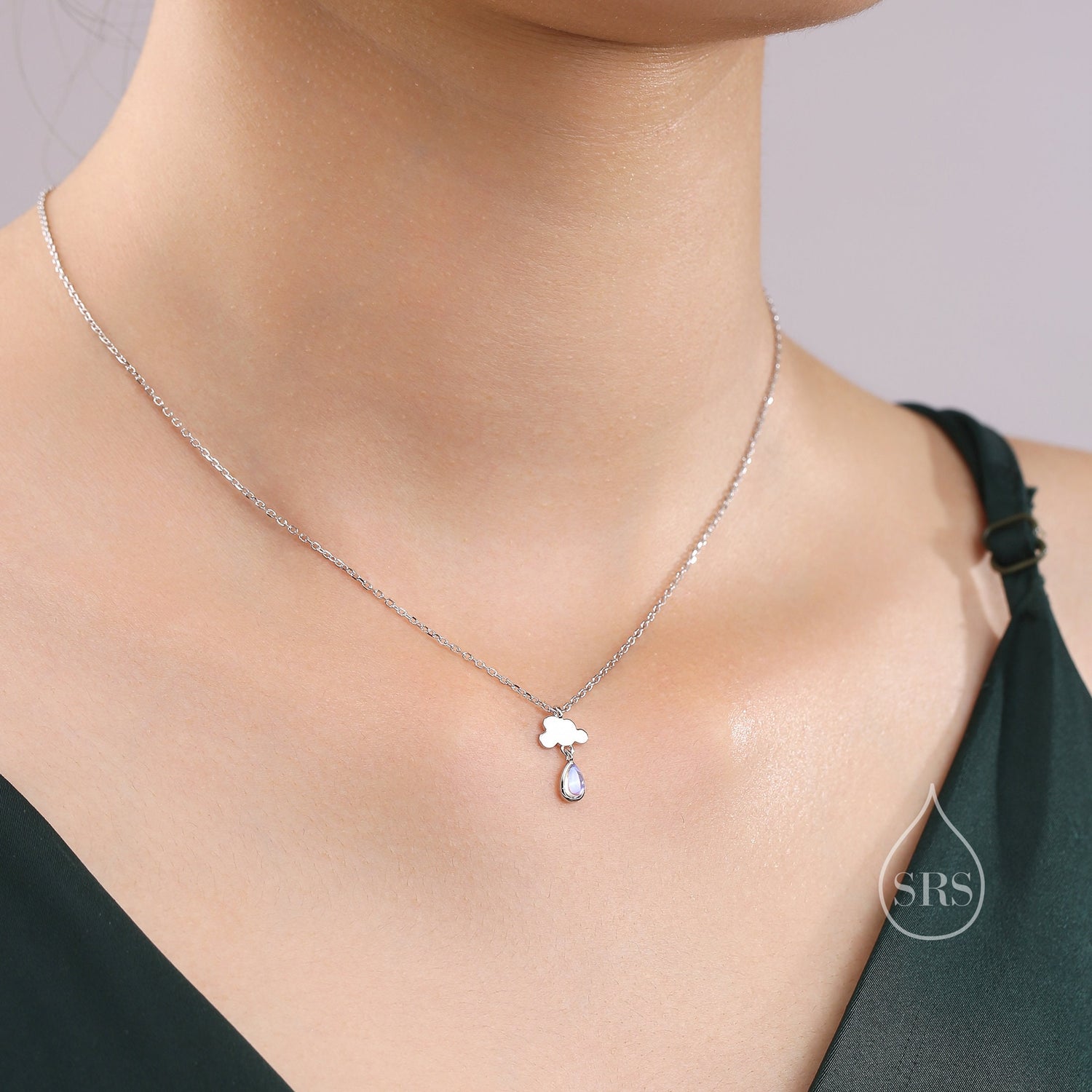 Rain Cloud Pendant Necklace in Sterling Silver with Moonstone, Cloud Necklace with Simulated Moonstone - Cute Quirky and Fun Fish Jewellery
