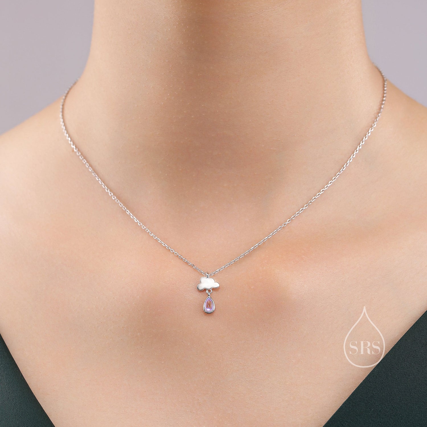 Rain Cloud Pendant Necklace in Sterling Silver with Moonstone, Cloud Necklace with Simulated Moonstone - Cute Quirky and Fun Fish Jewellery
