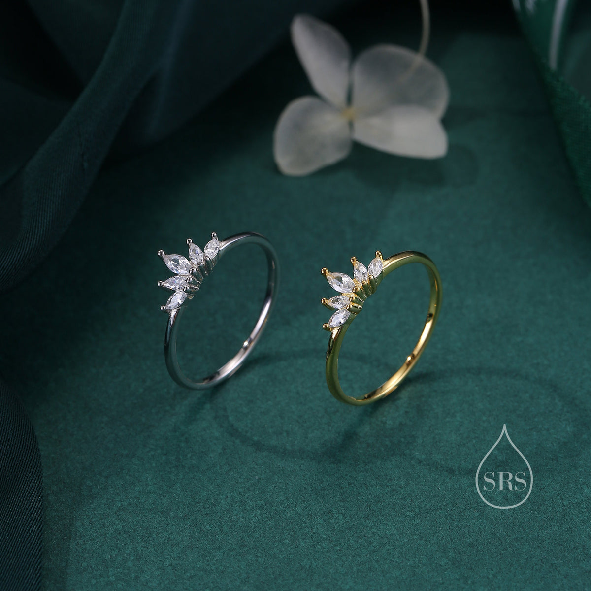 Sterling Silver Marquise Crown Ring, Cluster Ring, Lotus Ring, Flower Ring, CZ Ring, Silver or Gold US 5 - 8