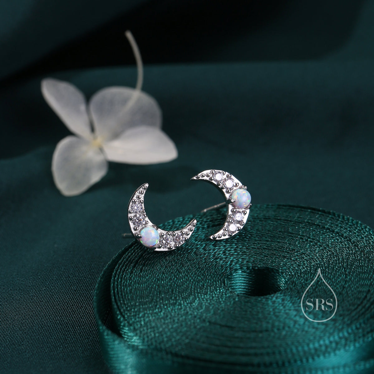 Opal and Moonstone Crescent Moon Stud Earrings