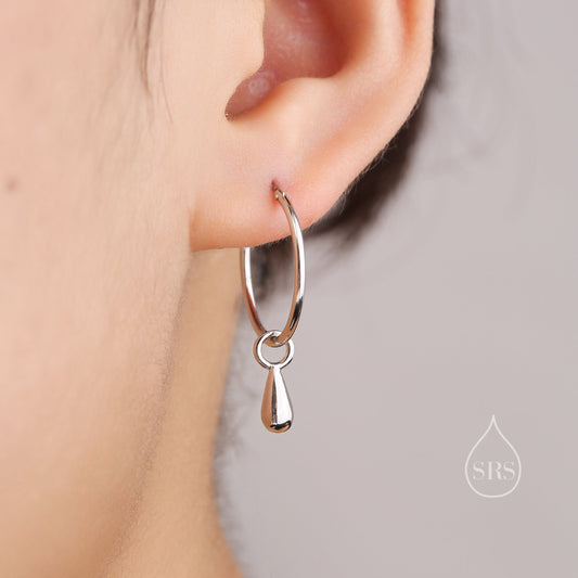 Droplet Dangle Hoop Earrings in Sterling Silver, Minimalist Raindrop Charm Hoop Earrings, Detachable Charm Hoops