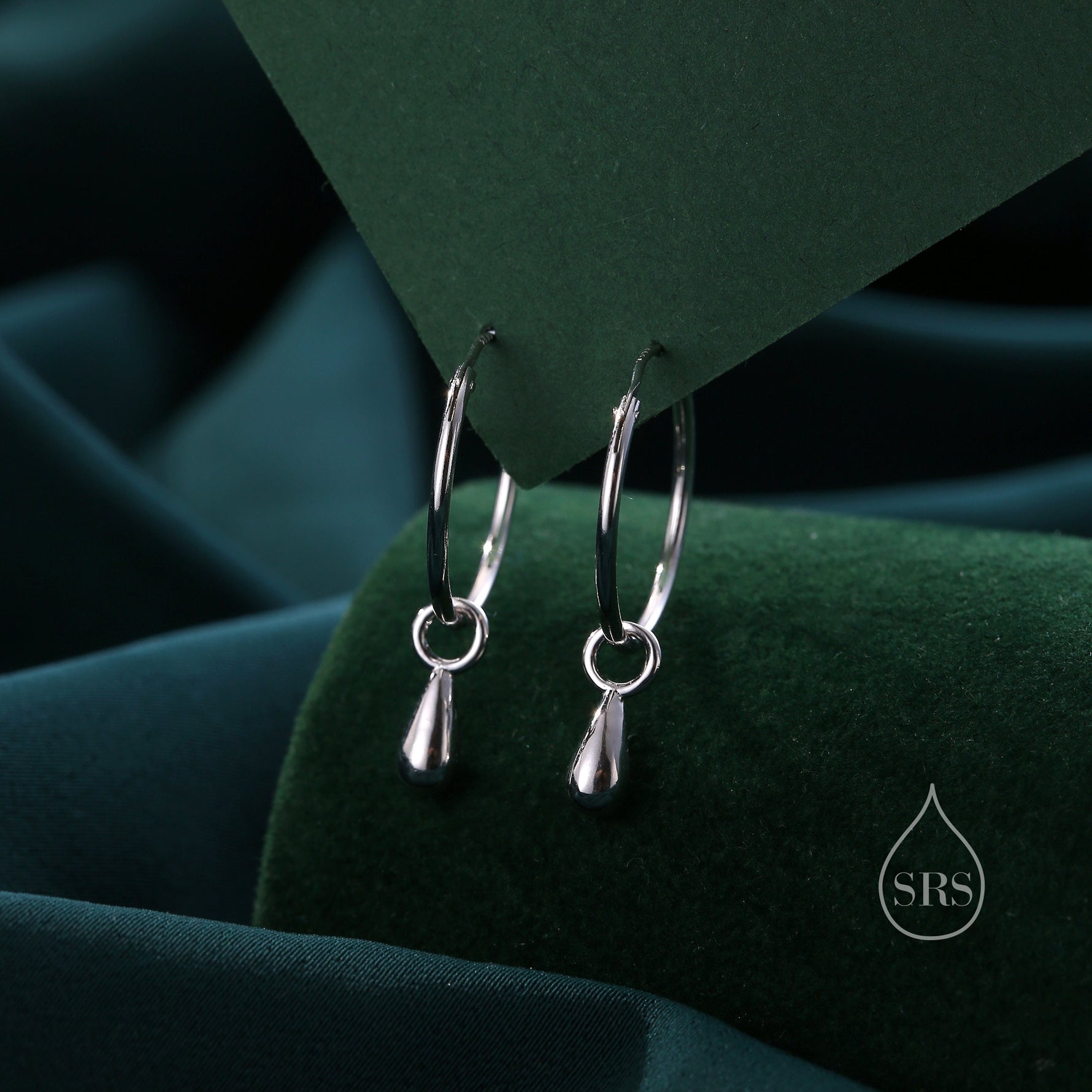 Droplet Dangle Hoop Earrings in Sterling Silver, Minimalist Raindrop Charm Hoop Earrings, Detachable Charm Hoops