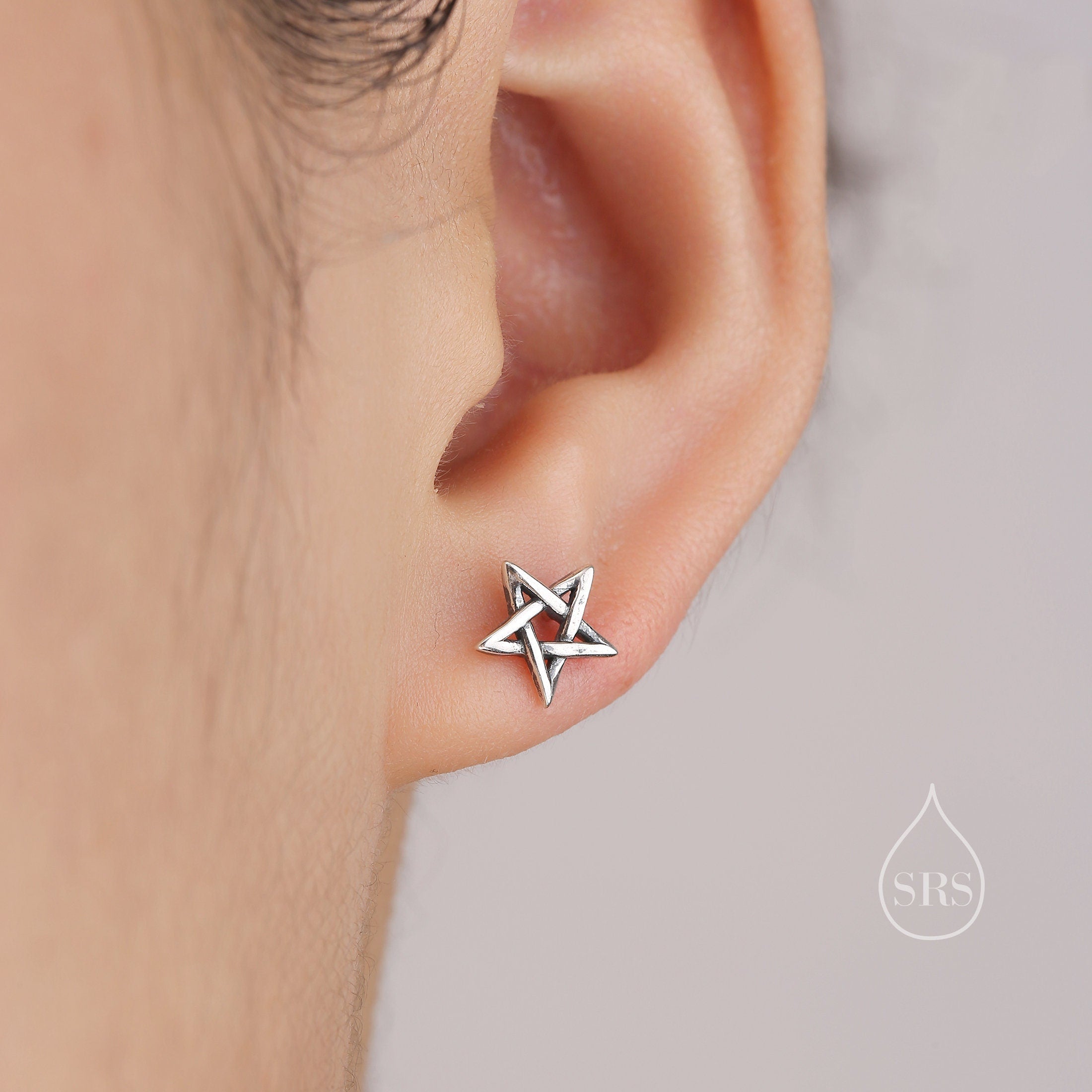 Pentagram Stud Earrings in Sterling Silver Polished or Oxidised Finis Silver Rain Silver