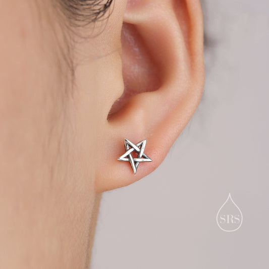 Pentagram Stud Earrings in Sterling Silver, Polished or Oxidised Finish, Pentagram Star Earrings, Star Stud