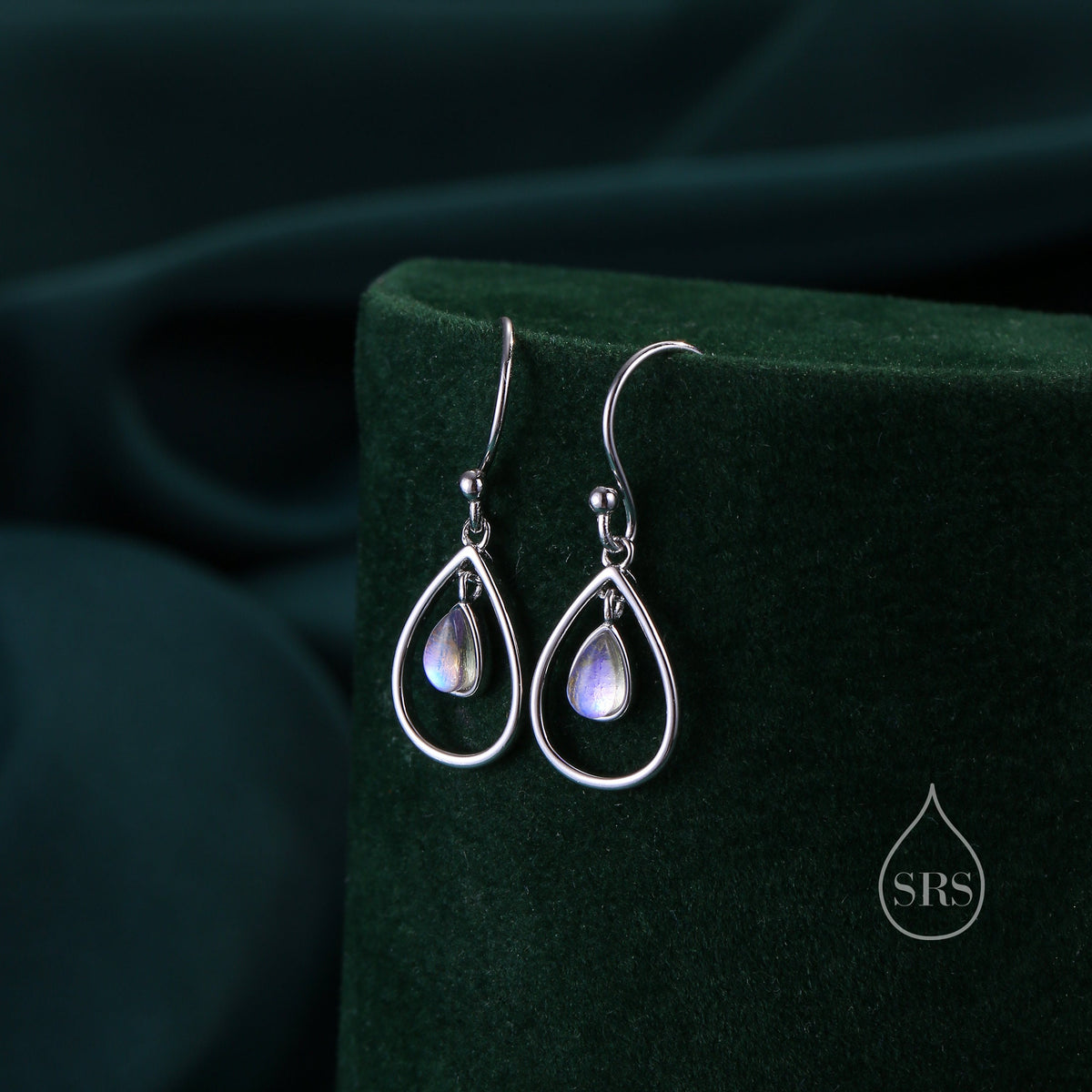 Moonstone Droplet Drop Hook Earrings in Sterling Silver, Delicate Lab Moonstone Geometric Earrings, Moonstone Droplet Dangle Earrings