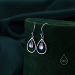 Moonstone Droplet Drop Hook Earrings in Sterling Silver, Delicate Lab Moonstone Geometric Earrings, Moonstone Droplet Dangle Earrings