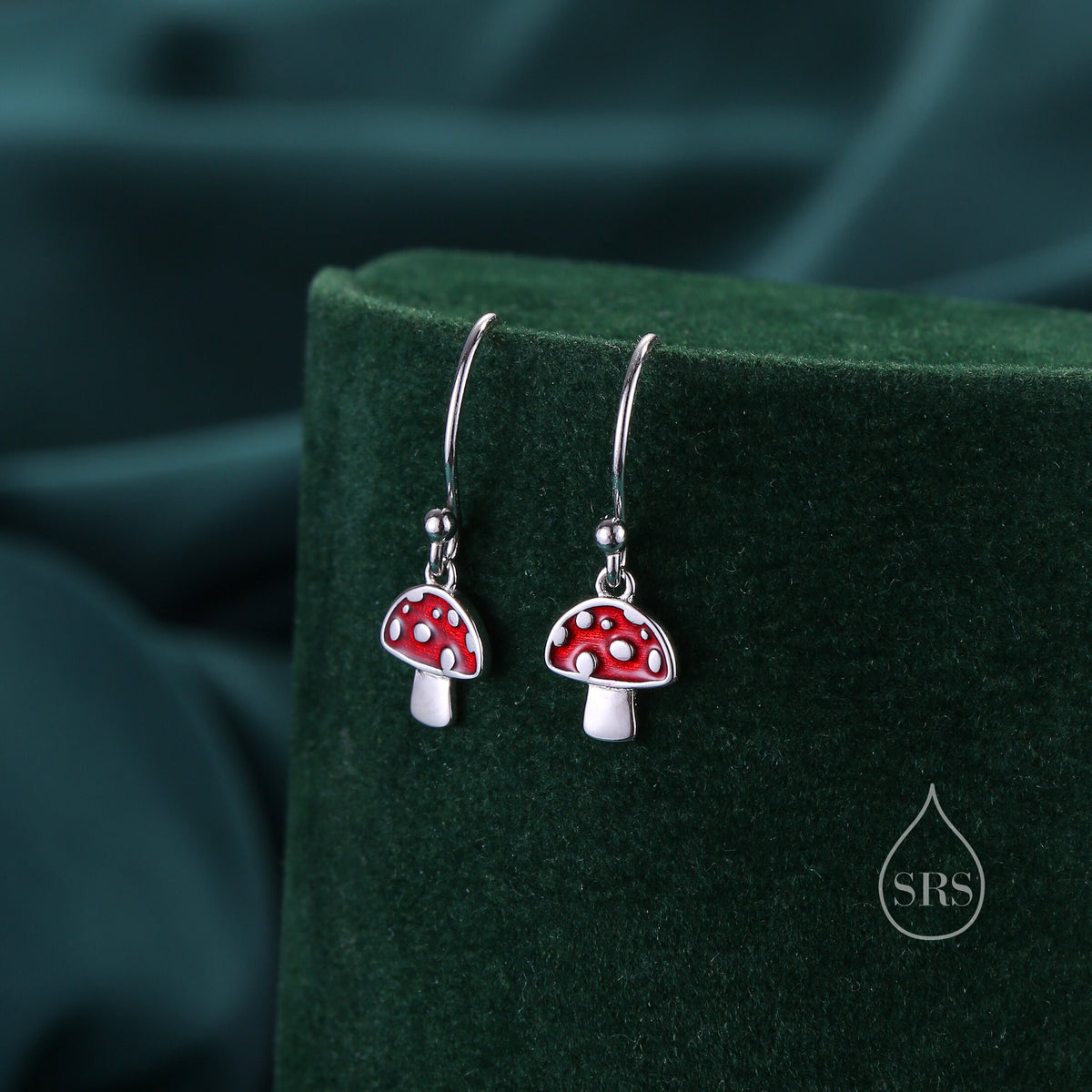 Dangling Mushroom Drop Hook Earrings in Sterling Silver, Mushroom Dangle Earrings, Red Enamel Mushroom Earrings, Toadstool Earrings