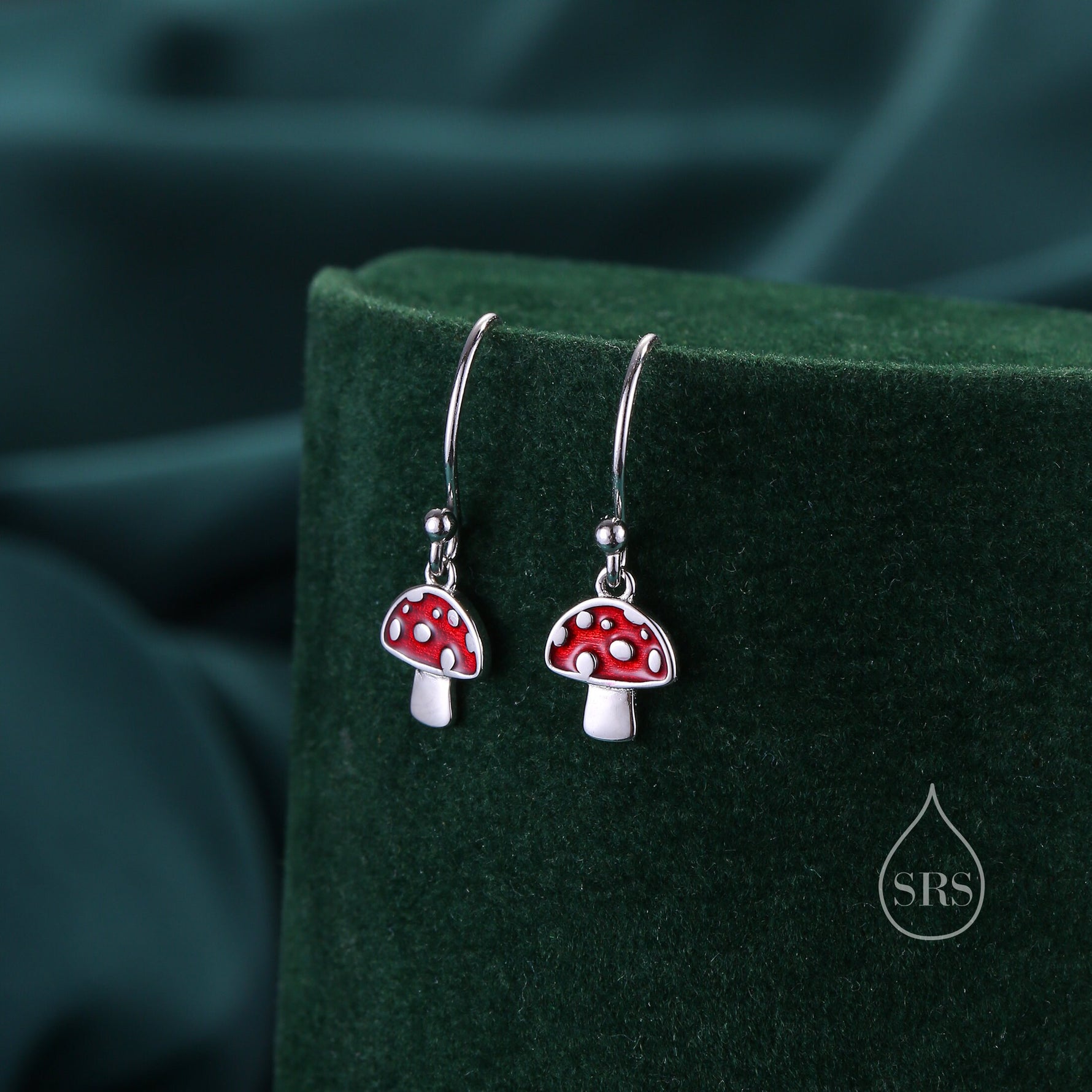 Dangling Mushroom Drop Hook Earrings in Sterling Silver, Mushroom Dangle Earrings, Red Enamel Mushroom Earrings, Toadstool Earrings