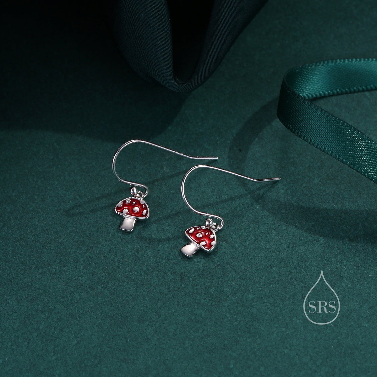 Dangling Mushroom Drop Hook Earrings in Sterling Silver, Mushroom Dangle Earrings, Red Enamel Mushroom Earrings, Toadstool Earrings