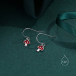 Dangling Mushroom Drop Hook Earrings in Sterling Silver, Mushroom Dangle Earrings, Red Enamel Mushroom Earrings, Toadstool Earrings